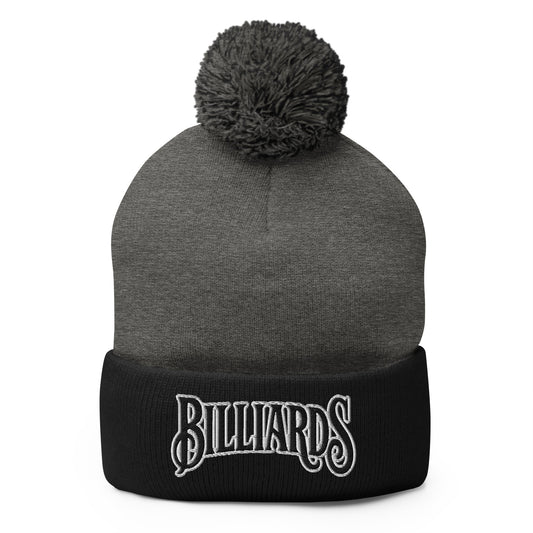 Black pom-pom beanie with Billiards Pool Hall embroidered artwork, front view