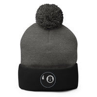 Black pom-pom beanie with Black 8 Ball Billiards embroidered artwork, front view