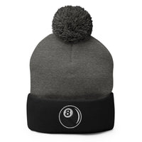 Black pom-pom beanie with 8 Ball Billiards embroidered artwork, front view
