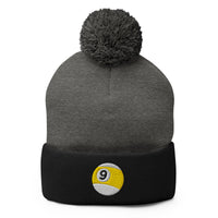 Black pom-pom beanie with 9 Ball Billiards embroidered artwork, front view