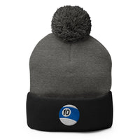 Black pom-pom beanie with 10 Ball Billiards embroidered artwork, front view