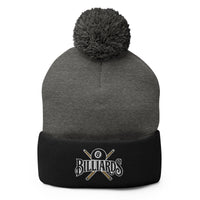 Black pom-pom beanie with Billiards 8 Ball embroidered artwork, front view