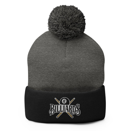 Black pom-pom beanie with Billiards 8 Ball embroidered artwork, front view