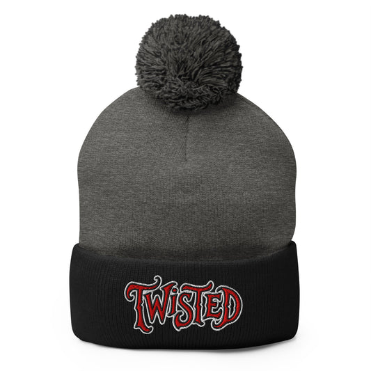 Black pom-pom beanie with Twisted Horror Carnival embroidered artwork, front view
