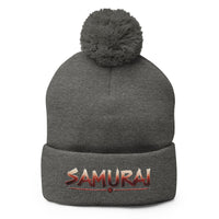 Gray pom-pom beanie with Anime Samurai Warrior embroidered artwork, front view