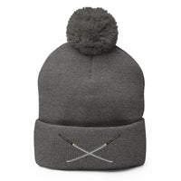 Gray pom-pom beanie with Dual Samurai Swords Anime Warrior embroidered artwork, front view