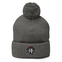 Gray pom-pom beanie with Samurai Honor the Sword Japanese Kanji Symbol embroidered artwork, front view