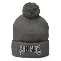 Gray pom-pom beanie with Billiards Pool Hall embroidered artwork, front view