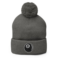Gray pom-pom beanie with 8 Ball Billiards embroidered artwork, front view
