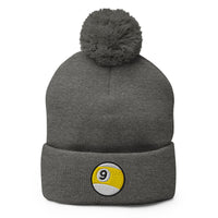 Gray pom-pom beanie with 9 Ball Billiards embroidered artwork, front view