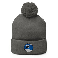 Gray pom-pom beanie with 10 Ball Billiards embroidered artwork, front view
