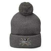 Gray pom-pom beanie with Billiards 8 Ball embroidered artwork, front view