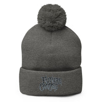 Gray pom-pom beanie with Future Corpse embroidered artwork, front view