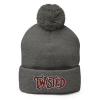 Gray pom-pom beanie with Twisted Horror Carnival embroidered artwork, front view