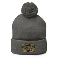 Gray pom-pom beanie with Straightjacket Is the New Black embroidered artwork, front view