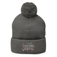Gray pom-pom beanie with Morbid Curiosity embroidered artwork, front view