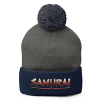 Navy pom-pom beanie with Anime Samurai Warrior embroidered artwork, front view