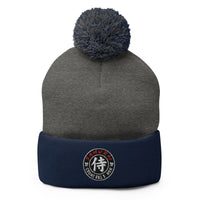 Navy pom-pom beanie with Samurai Honor the Sword Japanese Kanji Symbol embroidered artwork, front view