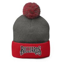 Red pom-pom beanie with Billiards Pool Hall embroidered artwork, front view