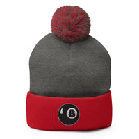 Red pom-pom beanie with Black 8 Ball Billiards embroidered artwork, front view