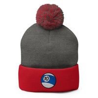 Red pom-pom beanie with 10 Ball Billiards embroidered artwork, front view
