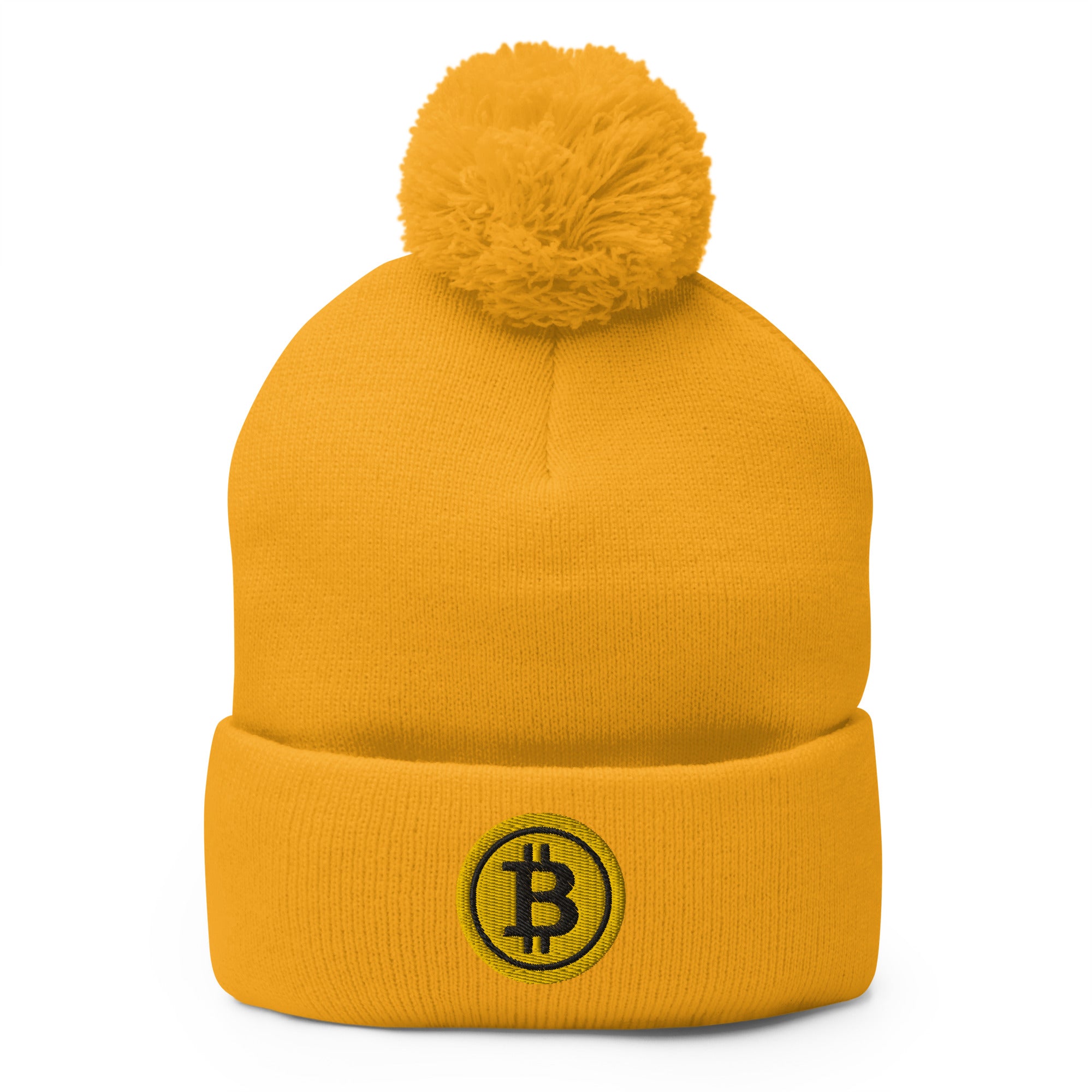 Yellow BTC Bitcoin Crypto Symbol Digital Asset Pom-Pom Beanie Cap