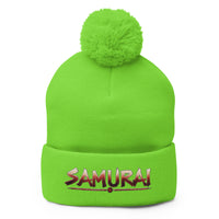 Green pom-pom beanie with Anime Samurai Warrior embroidered artwork, front view