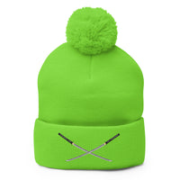 Green pom-pom beanie with Dual Samurai Swords Anime Warrior embroidered artwork, front view