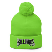 Green pom-pom beanie with Billiards Pool Hall embroidered artwork, front view