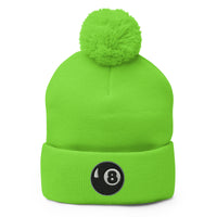 Green pom-pom beanie with Black 8 Ball Billiards embroidered artwork, front view