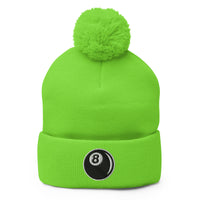 Green pom-pom beanie with 8 Ball Billiards embroidered artwork, front view