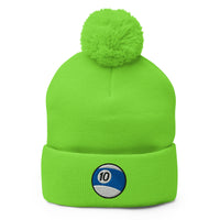 Green pom-pom beanie with 10 Ball Billiards embroidered artwork, front view