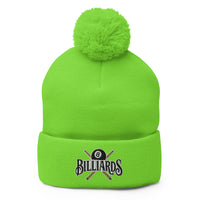 Green pom-pom beanie with Billiards 8 Ball embroidered artwork, front view