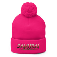 pom-pom beanie with Anime Samurai Warrior embroidered artwork, front view