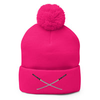 pom-pom beanie with Dual Samurai Swords Anime Warrior embroidered artwork, front view