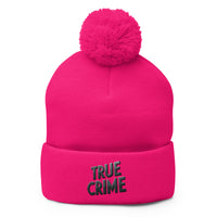pom-pom beanie with Detective Style True Crime embroidered artwork, front view