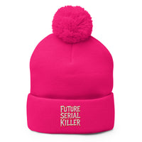 pom-pom beanie with Future Serial Killer embroidered artwork, front view