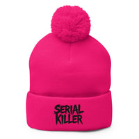 pom-pom beanie with Serial Killer True Crime embroidered artwork, front view