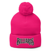 pom-pom beanie with Billiards Pool Hall embroidered artwork, front view