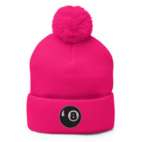 pom-pom beanie with Black 8 Ball Billiards embroidered artwork, front view