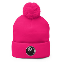 pom-pom beanie with 8 Ball Billiards embroidered artwork, front view
