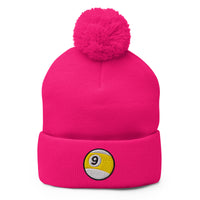 pom-pom beanie with 9 Ball Billiards embroidered artwork, front view