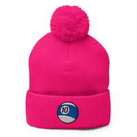 pom-pom beanie with 10 Ball Billiards embroidered artwork, front view