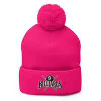pom-pom beanie with Billiards 8 Ball embroidered artwork, front view