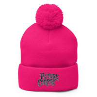 pom-pom beanie with Future Corpse embroidered artwork, front view