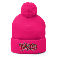 pom-pom beanie with Twisted Horror Carnival embroidered artwork, front view