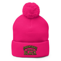 pom-pom beanie with Straightjacket Is the New Black embroidered artwork, front view