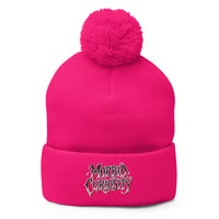 pom-pom beanie with Morbid Curiosity embroidered artwork, front view