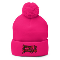 pom-pom beanie with Drawn to Darkness embroidered artwork, front view