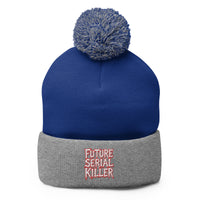 Gray pom-pom beanie with Future Serial Killer embroidered artwork, front view